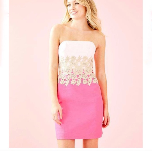 Lilly Pulitzer Dresses & Skirts - Lilly Pulitzer Kade Shift Dress Pink Gold Lace Strapless 2